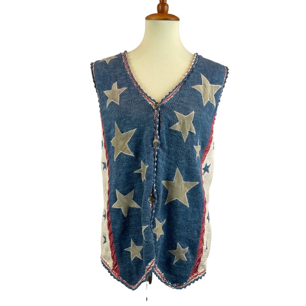 90s Patriotic Knit Sweater Vest Cambridge Country Store Stars Womens L Vintage